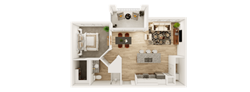 A top-down view of a living room with a couch, coffee table, and kitchen area.