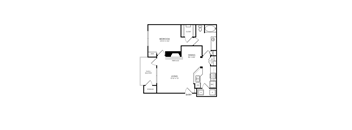 A floor plan of a house with a bedroom, dining area, living room, and storage space.