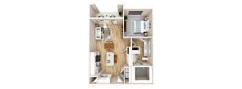 A 3D floor plan of a small apartment with a kitchen, living room, and bathroom.