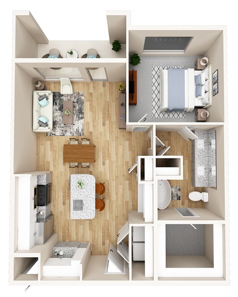 A 3D floor plan of a small apartment with a kitchen, living room, and bathroom.