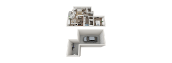 A 3D floor plan of a house with a garage and a separate parking area for two cars.