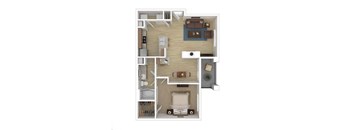 A top-down view of a small apartment layout with a kitchen, living room, and bedroom.