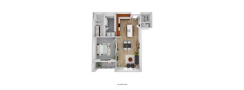 A floor plan of a small apartment with a kitchen, living room, and bathroom.