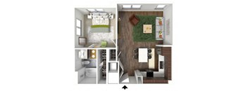 a 3d rendering of a bedroom with a bathroom and a rug