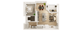 A top-down view of a modern apartment layout with a living room, kitchen, and dining area.