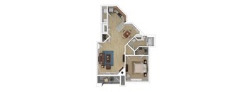 A floor plan of a house with a living room, kitchen, dining room, and bathroom.