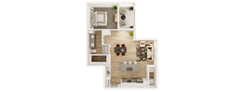 A top-down view of a living room with a couch, coffee table, and rug.