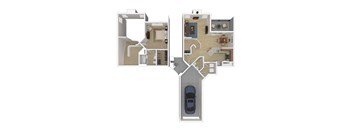 A floor plan of a two-story house with a garage and a car.