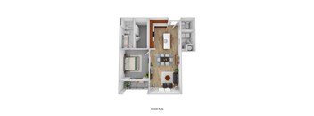 A floor plan of a small apartment with a kitchen, living room, and bathroom.