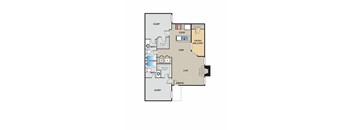 A floor plan of a home with a sleeping area, a kitchen, a dining area, a bathroom, a pantry, a patio/balcony, a live/work area, and a garage.