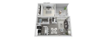 a bedroom floor plan with a bathroom and a living room