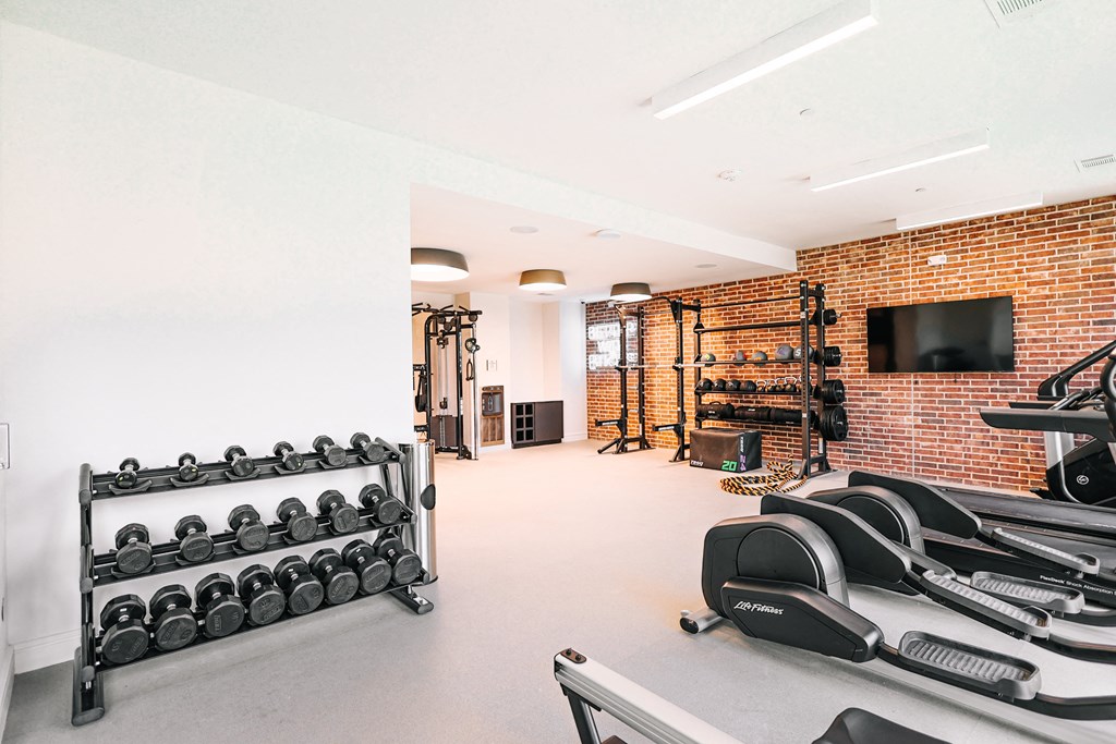 the gym is equipped with weights and a television