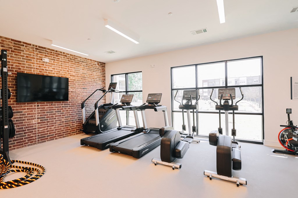 a gym with treadmills and weights and a wall of windows