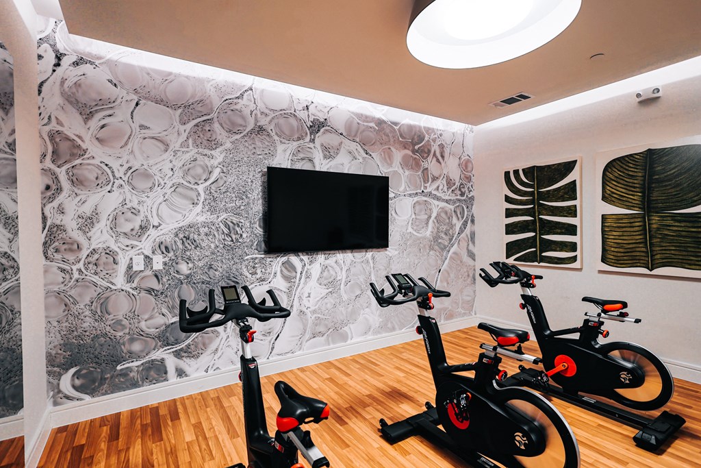 a gym with exercise bikes and a tv on the wall