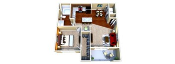 A 3D floor plan of a house showing a living room, kitchen, dining room, and bedrooms.
