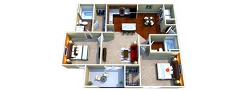 A 3D floor plan of a house with a living room, kitchen, dining room, and bedrooms.