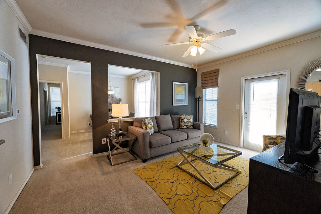 A living room with a grey couch and a yellow rug.