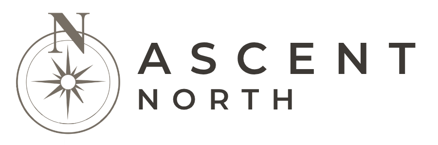 A compass rose with the words "ASCENT NORTH" and "NORTH" on a green background.