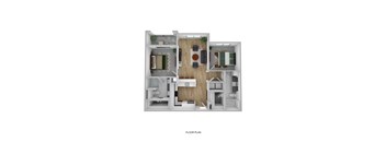 a stylized 3d floor plan of a house with a bedroom and living room