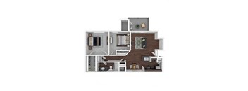 A 3D floor plan of a house with a kitchen, living room, and bedrooms.