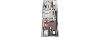 A floor plan of an apartment with a kitchen, living room, and two bedrooms.