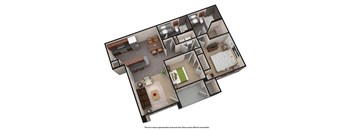A 3D floor plan of a house with multiple rooms.