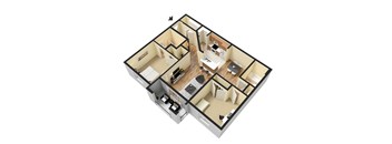 A 3D floor plan of a house with a kitchen, living room, and two bedrooms.
