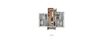 A floor plan of a house with a kitchen, living room, and two bedrooms.
