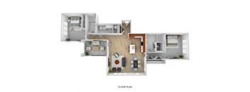 A floor plan of a house with a living room, kitchen, dining room, and bedrooms.