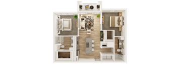A 3D floor plan of a house showing a living room, kitchen, dining room, and two bedrooms.