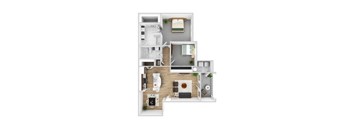 A 3D floor plan of a small apartment with a kitchen, living room, and bathroom.