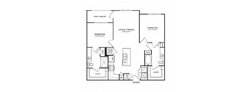 A black and white image of a floor plan for a home with two bedrooms, a living/dining area, and a closet.