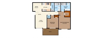 A floor plan of a house with a living room, two bedrooms, a kitchen, a dining room, two bathrooms, a closet, and a patio.