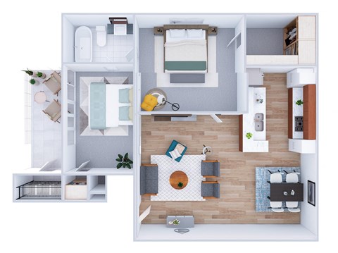 a stylized floor plan of a house with a bedroom and a bathroom