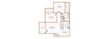 A floor plan of a house with a living room, dining room, kitchen, two bedrooms, a closet, and a patio.