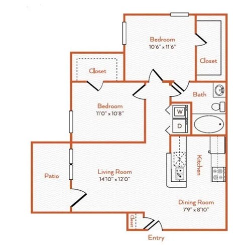 A floor plan of a house with a living room, dining room, kitchen, two bedrooms, a closet, and a patio.