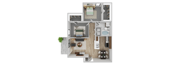 A top-down view of a house layout with a living room, kitchen, and two bedrooms.