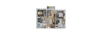 A detailed 3D floor plan of a house layout.