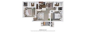 A floor plan of an apartment with a living room, kitchen, bedrooms, and storage areas.