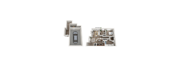 A 3D floor plan of a house with a car parked in the driveway.