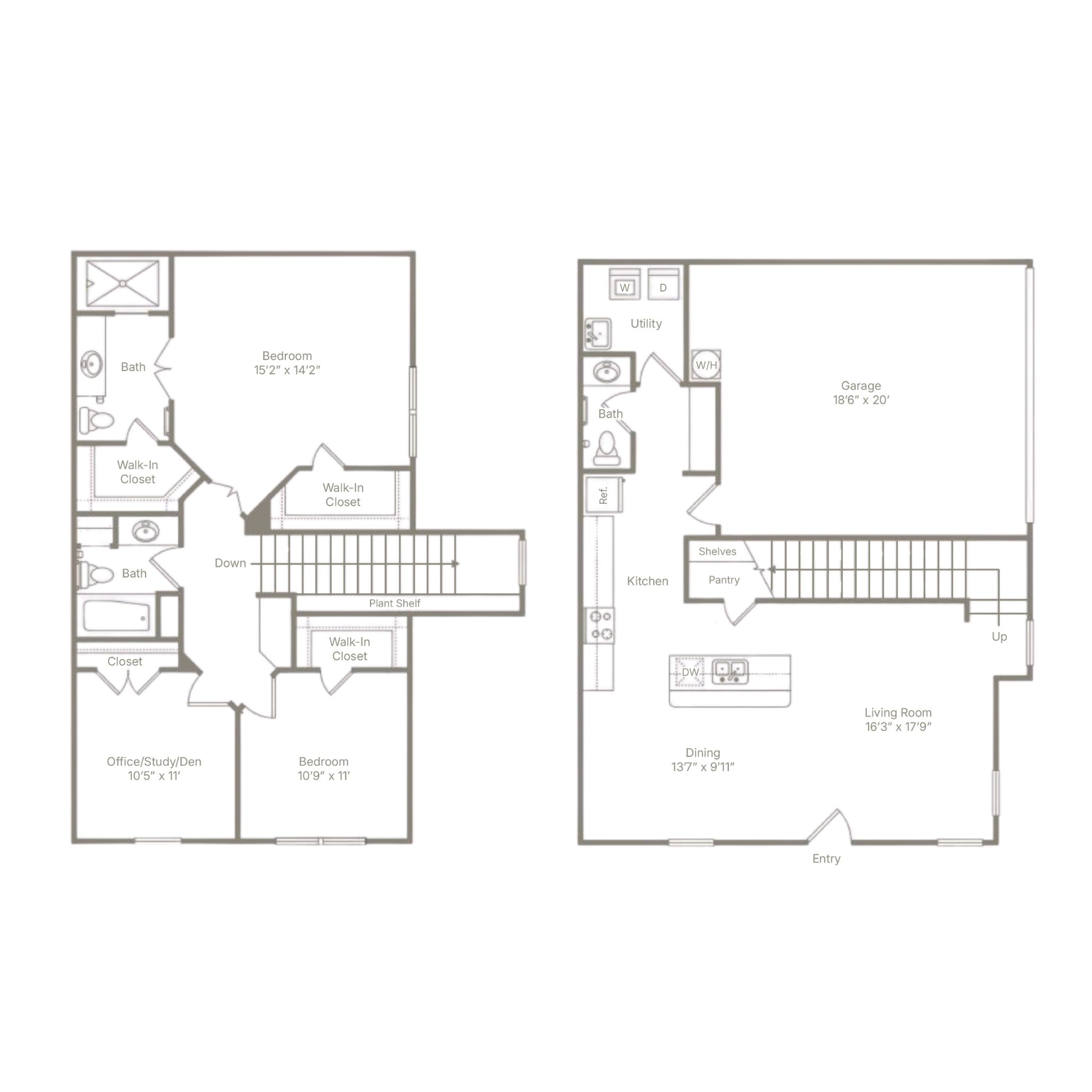 A floor plan of a two-story home with a living room, two bedrooms, a study/den, a kitchen, a bathroom, and an entry.