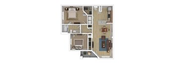 A floor plan of a house with a bedroom, living room, kitchen, and bathroom.