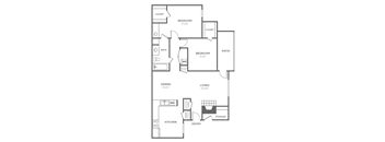 A black and white floor plan of a house with two bedrooms, a living room, a dining room, a kitchen, a storage area, and a patio.