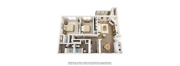 A floor plan of a house with a living room, dining room, kitchen, and two bedrooms.