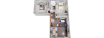 A top-down view of a small apartment with a bedroom, living room, and kitchen.