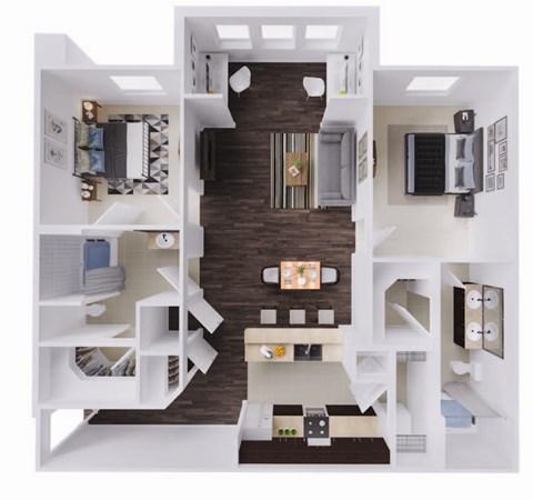 this is a 3d floor plan of a 849 square foot 1 bedroom apartment at the