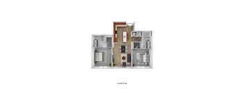 A floor plan of a small apartment with a kitchen, living room, and two bedrooms.