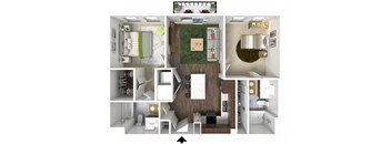 a 3d rendering of the 1 bedroom floor plan of a 2100 sq ft apartment