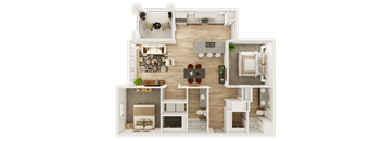 A 3D floor plan of a house showing a living room, kitchen, dining area, and bedrooms.