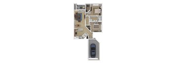 A floor plan of a house with a car parked in the garage.